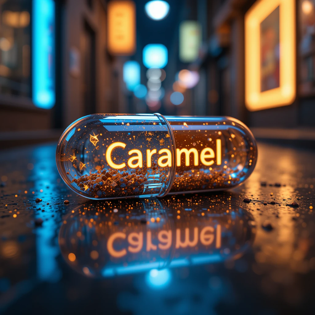 Caramel text with blue background