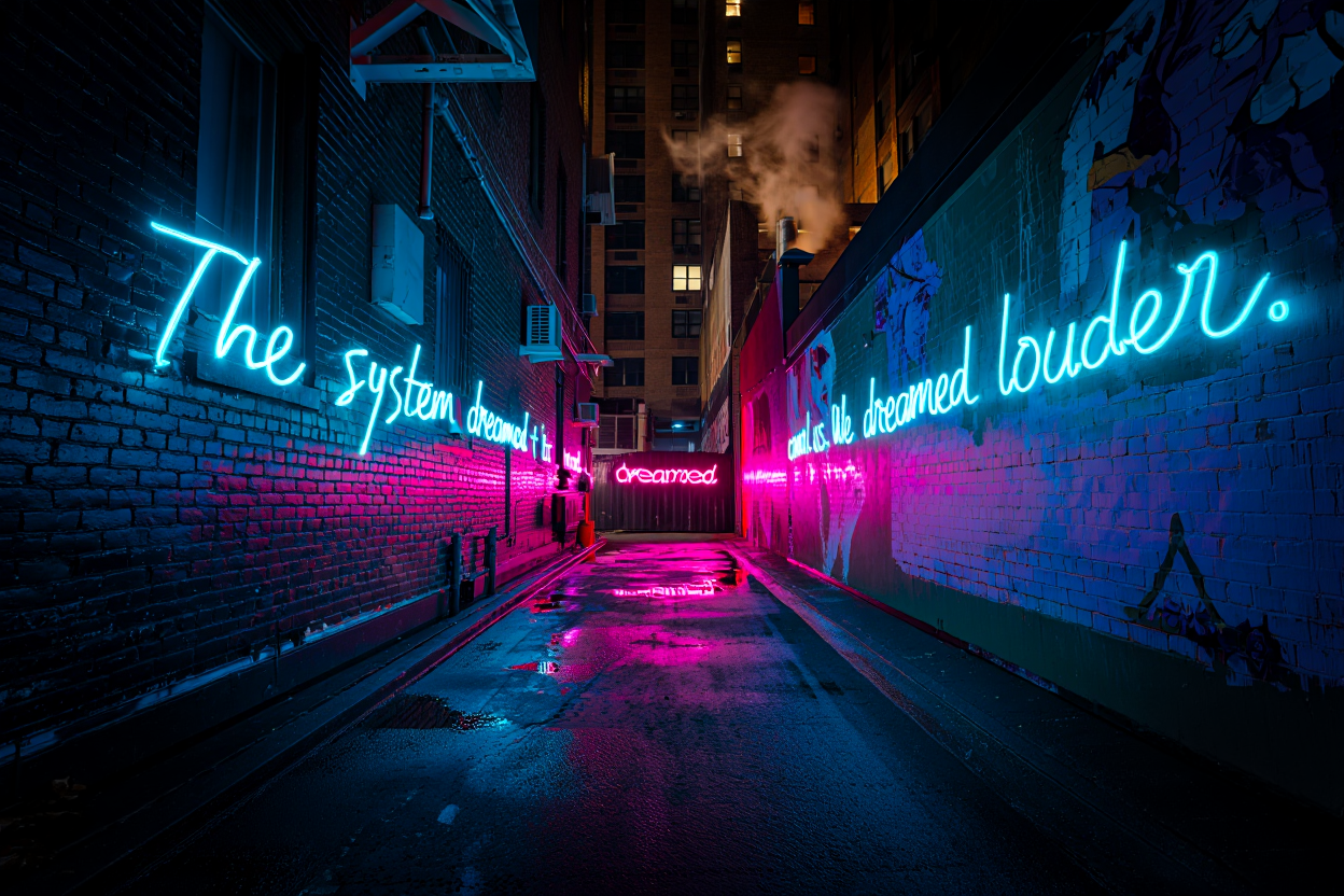 Urban alleyway with neon lighting